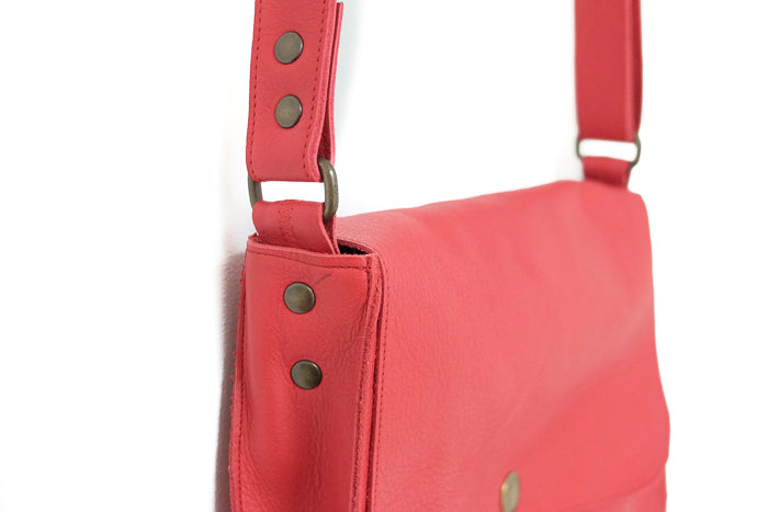 Red leather handbag