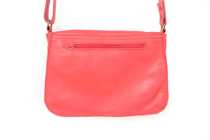 Red leather handbag