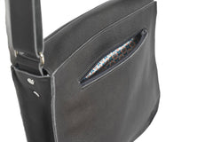 leather handbag with pouches and adjustable sewed leather strap