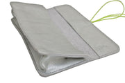 School and office case in soft silver leather with colored elastic closure, handmade.