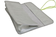 School and office case in soft silver leather with colored elastic closure, handmade.