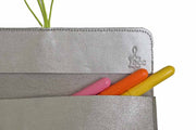 School and office pencil case in soft silver leather with colored elastic closure, handmade.