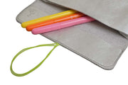 School and office pencil case in soft silver leather with colored elastic closure, handmade.