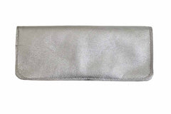 School and office pencil case in soft silver leather with colored elastic closure, handmade.