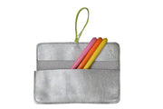 School and office pencil case in soft silver leather with colored elastic closure, handmade.