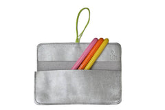 School and office pencil case in soft silver leather with colored elastic closure, handmade.