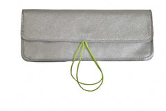 School and office pencil case in soft silver leather with colored elastic closure, handmade.