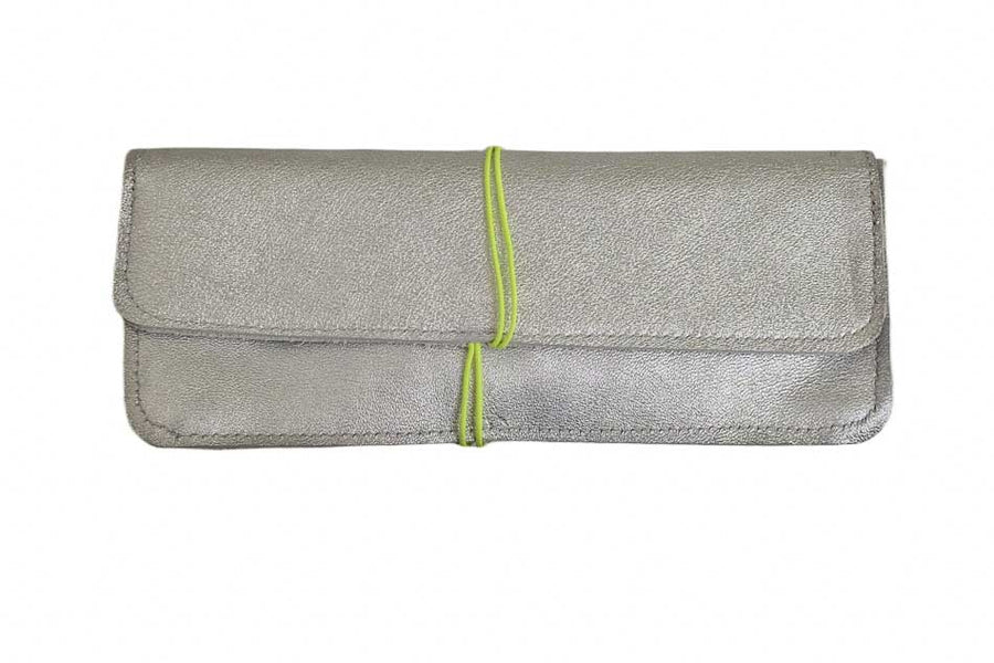 School and office case in soft silver leather with colored elastic closure, handmade.
