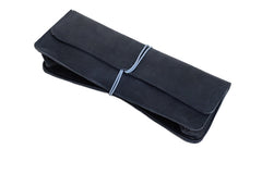 Trousse d'école et de bureau en cuir noir souple avec fermeture par élastique de couleur, fabriquée à la main.
