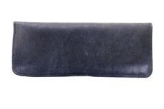 Trousse d'école et de bureau en cuir noir souple avec fermeture par élastique de couleur, fabriquée à la main.