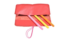 Leather school and office pencil case red soft with colored elastic closure, handmade.