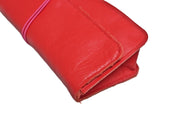 Leather school and office pencil case red soft with colored elastic closure, handmade.