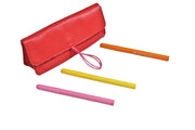 Leather school and office pencil case red soft with colored elastic closure, handmade.
