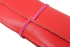 Leather school and office pencil case red soft with colored elastic closure, handmade.