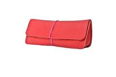 Leather school and office pencil case red soft with colored elastic closure, handmade.
