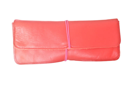 Leather school and office pencil case red soft with colored elastic closure, handmade.