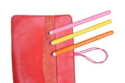 Leather school and office pencil case red soft with colored elastic closure, handmade.