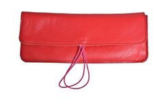 Leather school and office pencil case red soft with colored elastic closure, handmade.
