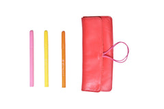 Leather school and office pencil case red soft with colored elastic closure, handmade.