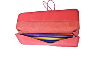 Leather school and office pencil case red soft with colored elastic closure, handmade.